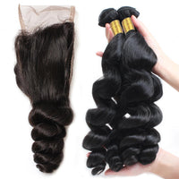 Cameraing Brazilian Human Virgin Hair Loose Wave weft with closure 3 Bundles with 4*4 lace closure 2