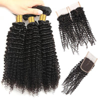 Cameraing Indian Human Virgin Hair Kinky Curly weft with closure 3 Bundles with 4*4 lace closure 3