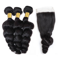Cameraing Indian Human Virgin Hair Loose Wave weft with closure 3 Bundles with 4*4 lace closure 2