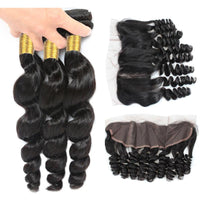 Cameraing Indian Human Virgin Hair Loose Wave Hair 3 Bundles with Ear to Ear Lace Frontal 3