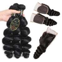 Queen Berry Brazilian Loose Wave Hair 3 Bundles With 4x4 Lace Closure
