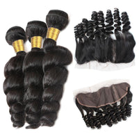Cameraing Indian Human Virgin Hair Loose Wave Hair 3 Bundles with Ear to Ear Lace Frontal 2