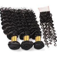 Cameraing Indian Human Virgin Hair Deep Wave weft with closure 3 Bundles with 4*4 lace closure 2