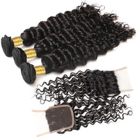 Cameraing Brazilian Human Virgin Hair Deep Wave weft with closure 3 Bundles with 4*4 lace closure 3