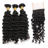 Cameraing Indian Human Virgin Hair Deep Wave weft with closure 3 Bundles with 4*4 lace closure 4