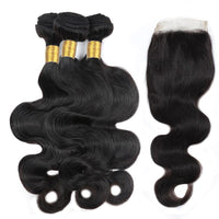 Cameraing Indian Human Virgin Hair Body Wave weft with closure 3 Bundles with 4*4 Lace Closure 2