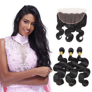 LH Hair Indian Human Virgin Hair Body Wave Hair 3 Bundles with Ear to Ear Lace Frontal 1