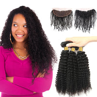 LH Hair Indian Human Virgin Hair Kinky Curly Hair 3 Bundles with Ear to Ear Lace Frontal