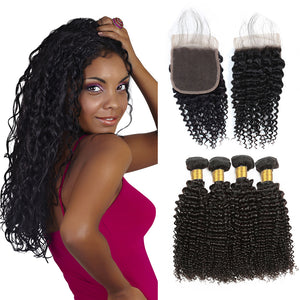 LH Hair Brazilian Human Virgin Hair Kinky Curly Hair 4 Bundles with 4*4 Lace Closure 1