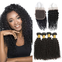 LH Hair Indian Human Virgin Hair Kinky Curly Hair 4 Bundles with 4*4 Lace Closure
