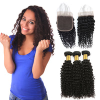 LH Hair Indian Human Virgin Hair Kinky Curly weft with closure 3 Bundles with 4*4 lace closure