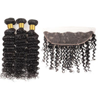 Cameraing Indian Human Virgin Hair Deep Wave Hair 3 Bundles with Ear to Ear Lace Frontal 2