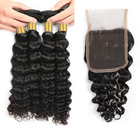 Cameraing Indian Human Virgin Hair Deep Wave Hair 4 Bundles with 4*4 Lace Closure 5