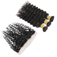 Cameraing Indian Human Virgin Hair Deep Wave Hair 3 Bundles with Ear to Ear Lace Frontal 3