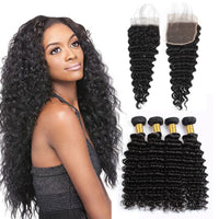 LH Hair Indian Human Virgin Hair Deep Wave Hair 4 Bundles with 4*4 Lace Closure