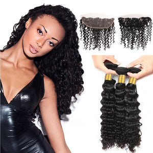 LH Hair Indian Human Virgin Hair Deep Wave Hair 3 Bundles with Ear to Ear Lace Frontal 1