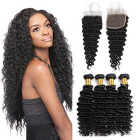 LH Hair Brazilian Human Virgin Hair Deep Wave Hair 4 Bundles with 4*4 Lace Closure 1