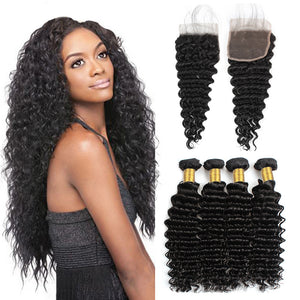 LH Hair Brazilian Human Virgin Hair Deep Wave Hair 4 Bundles with 4*4 Lace Closure 1