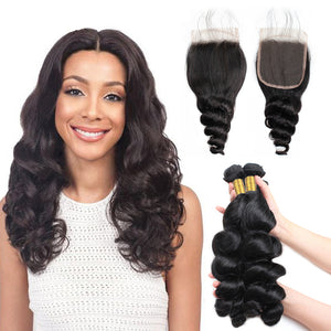 LH Hair Indian Human Virgin Hair Loose Wave weft with closure 3 Bundles with 4*4 lace closure 1