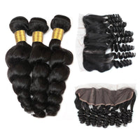 Cameraing Brazilian Human Virgin Hair Loose Wave Hair 3 Bundles with Ear to Ear Lace Frontal 3
