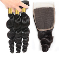 Cameraing Indian Human Virgin Hair Loose Wave weft with closure 3 Bundles with 4*4 lace closure 3