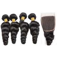 Cameraing Indian Human Virgin Hair Loose Wave Hair 4 Bundles with 4*4 Lace Closure 4