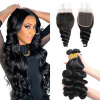 LH Hair Brazilian Human Virgin Hair Loose Wave weft with closure 3 Bundles with 4*4 lace closure