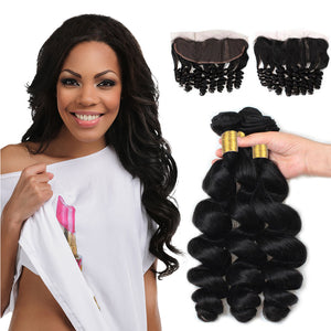 LH Hair Indian Human Virgin Hair Loose Wave Hair 3 Bundles with Ear to Ear Lace Frontal 1