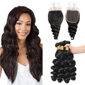 LH Hair Brazilian Human Virgin Hair Loose Wave Hair 4 Bundles with 4*4 Lace Closure 1
