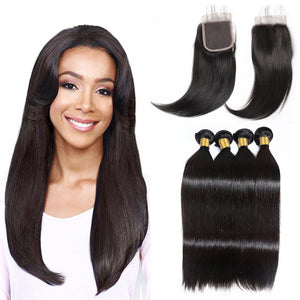 LH Hair Brazilian Human Virgin Hair Straight Hair 4 Bundles with 4*4 Lace Closure 1