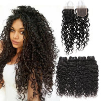 LH Hair Indian Human Virgin Hair Water Wave Hair 4 Bundles with 4*4 Lace Closure